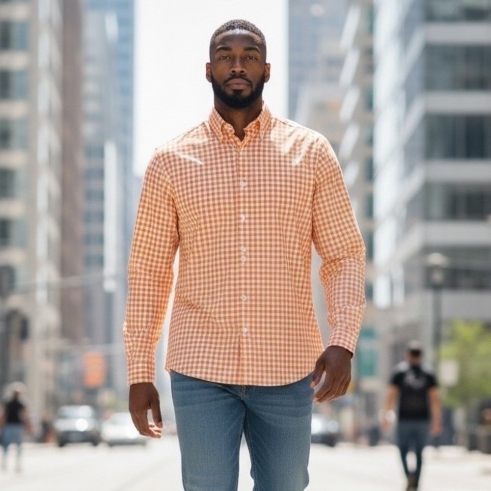 Nautica Mens Orange Gingham Check Long Sleeve Button Down Shirt Size 16 32/33